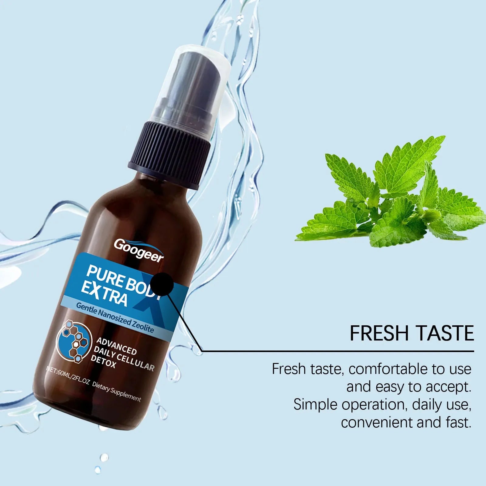 Googeer body care oral spray bottle with 60ml net content for targeted treatment application