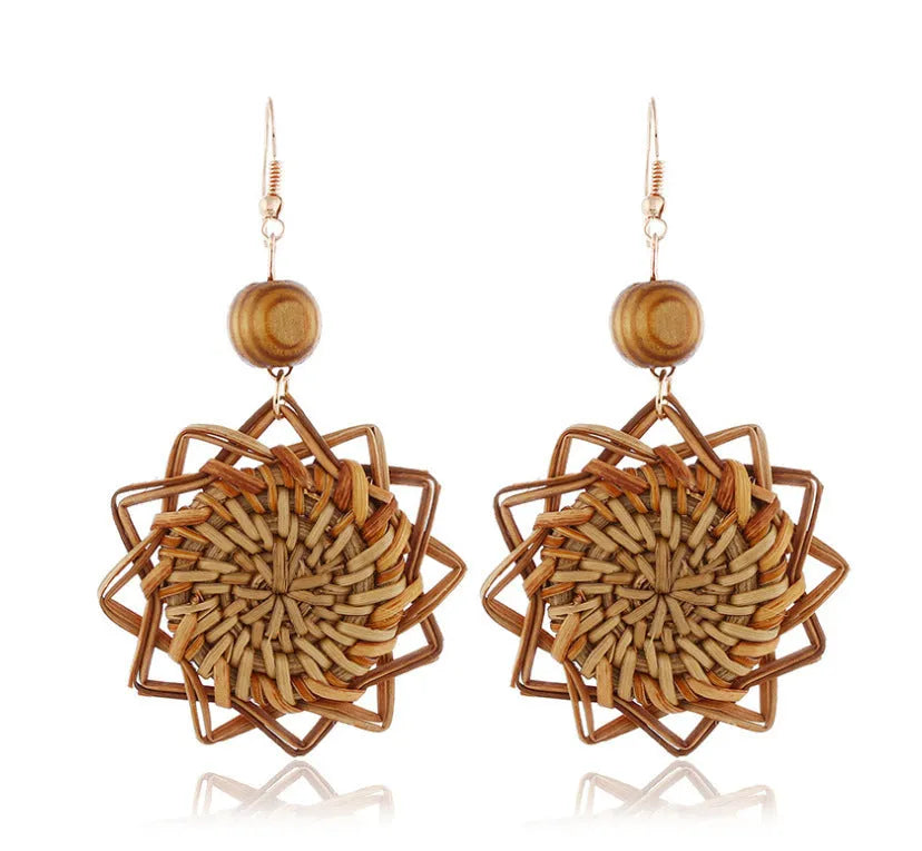 Handmade brown rattan and bamboo earrings for women with electroplated finish, Japanese Korean style drop design, one pair