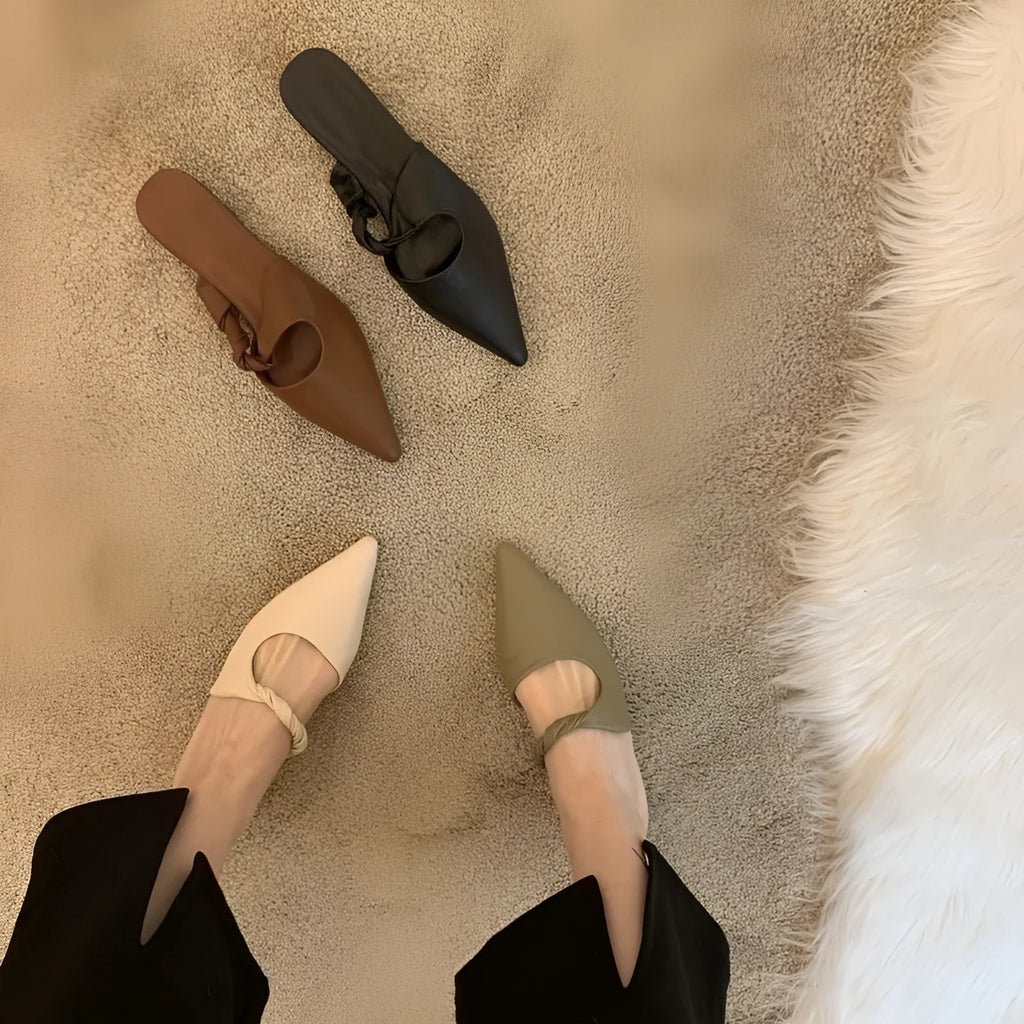Women's soft leather semi-toe box slippers in black, brown, khaki, and off white colours