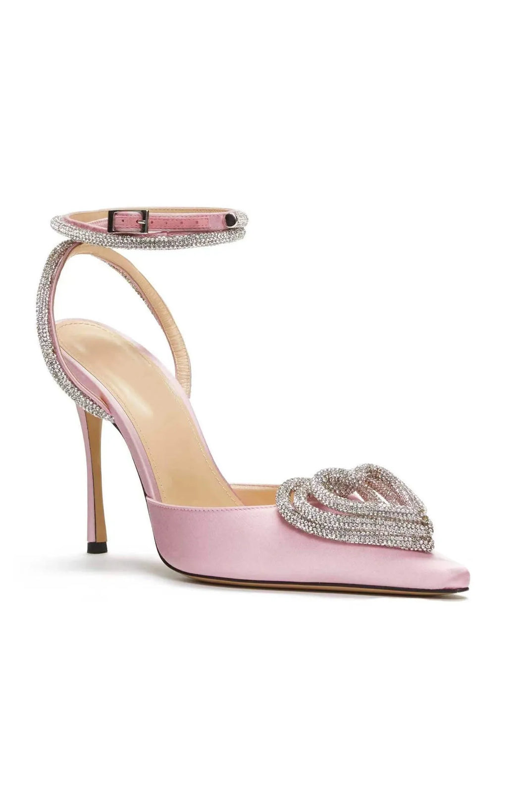 Women's pink satin sandal with heart rhinestone and adjustable ankle strap on a 9.5cm heel.