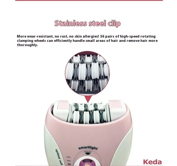 USB powered electric hair removal epilator device in KEDA-216 colour with brush cleaning system