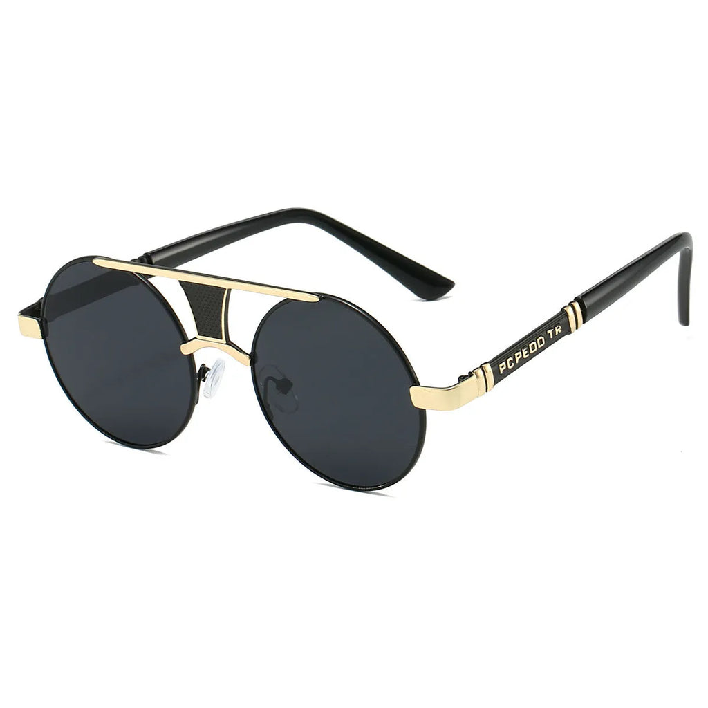 Men's double beam round frame HD sunglasses black frame black lens classic style