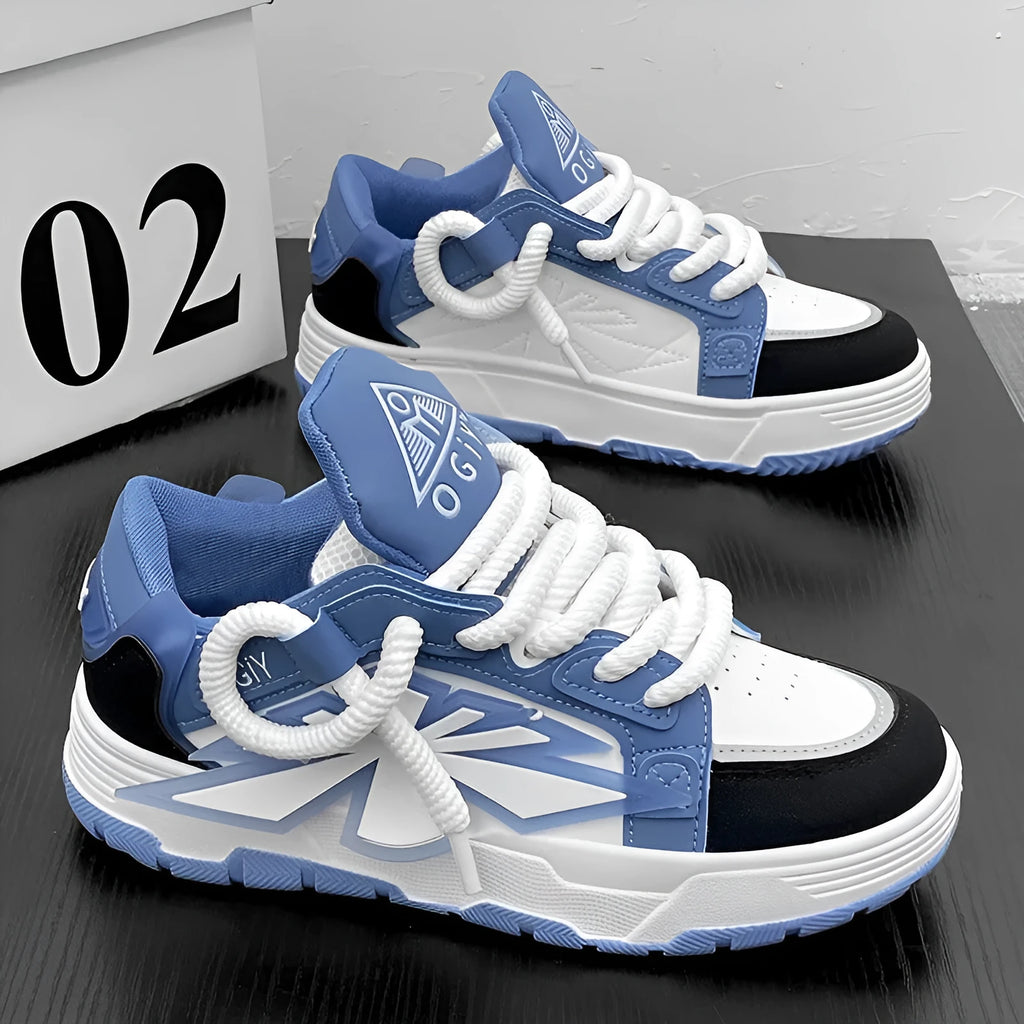 Men's white thick-bottom Harajuku sneakers with cartoon pattern and chunky rubber sole