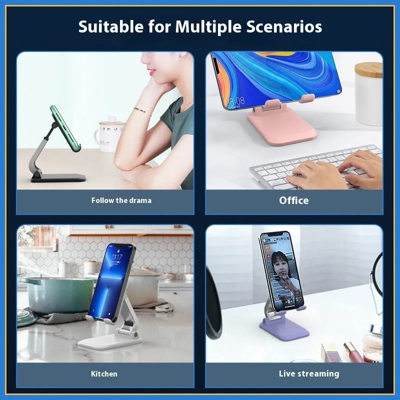 Folding portable desktop stand for mobile phones and tablets with weighted aluminium alloy base