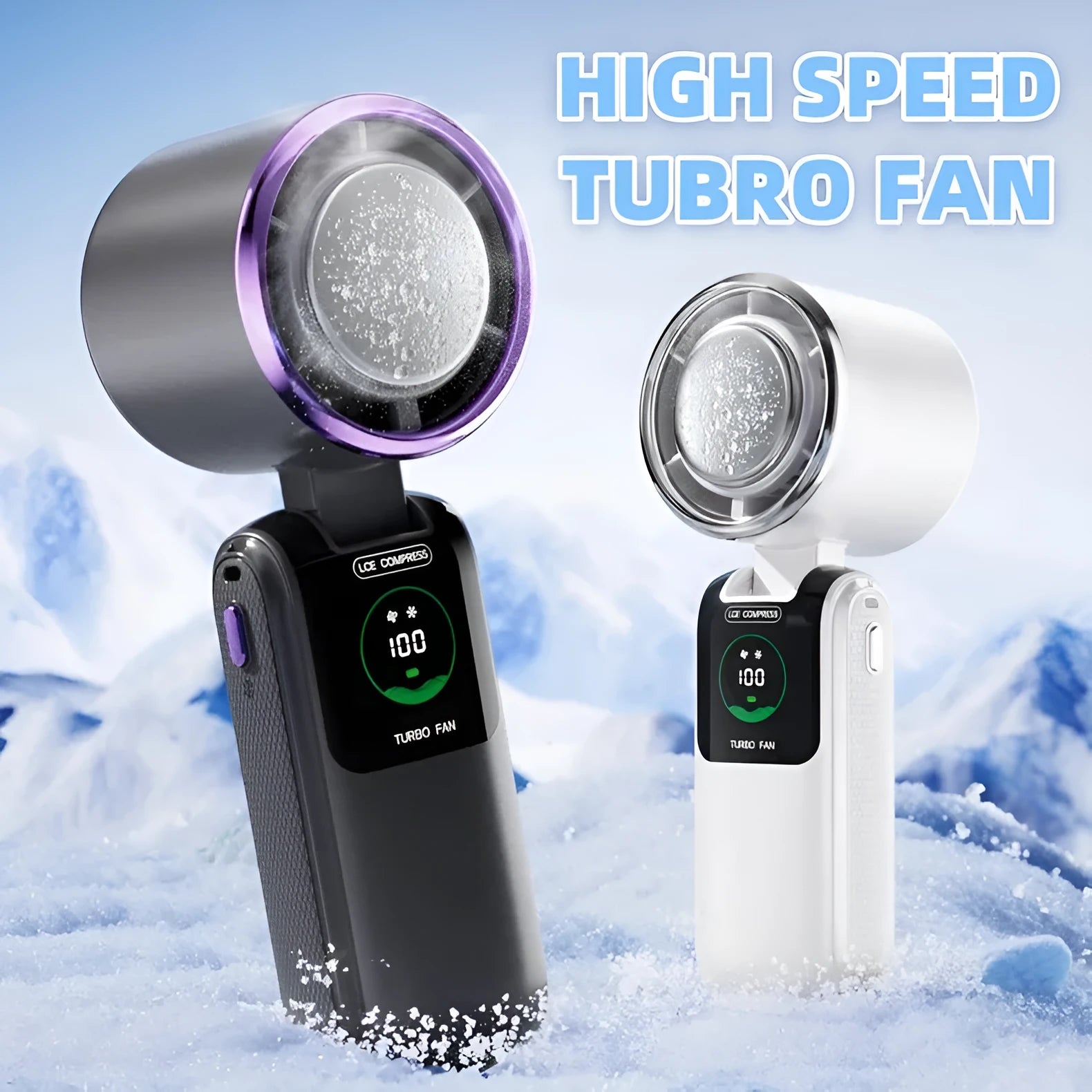 Handheld folding mini fan in blue colour, showing compact design and USB port.
