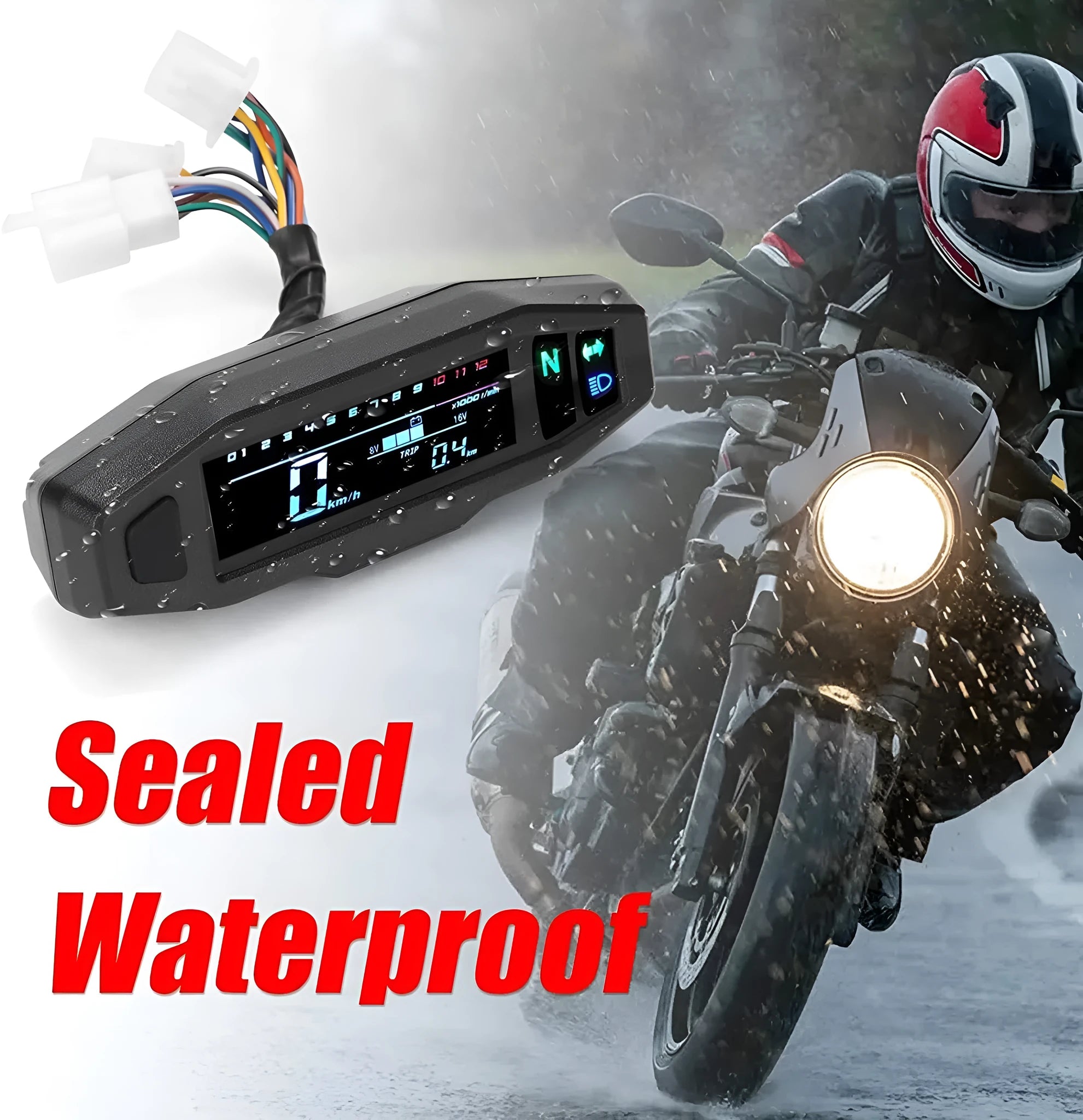 Black motorcycle mini LCD speedometer gauge showing digital readouts for speed, oil level, and RPM