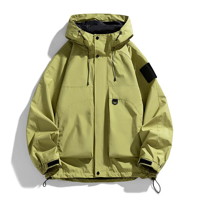Men's black waterproof windproof hooded jacket on a hanger, showing long sleeves and regular length.