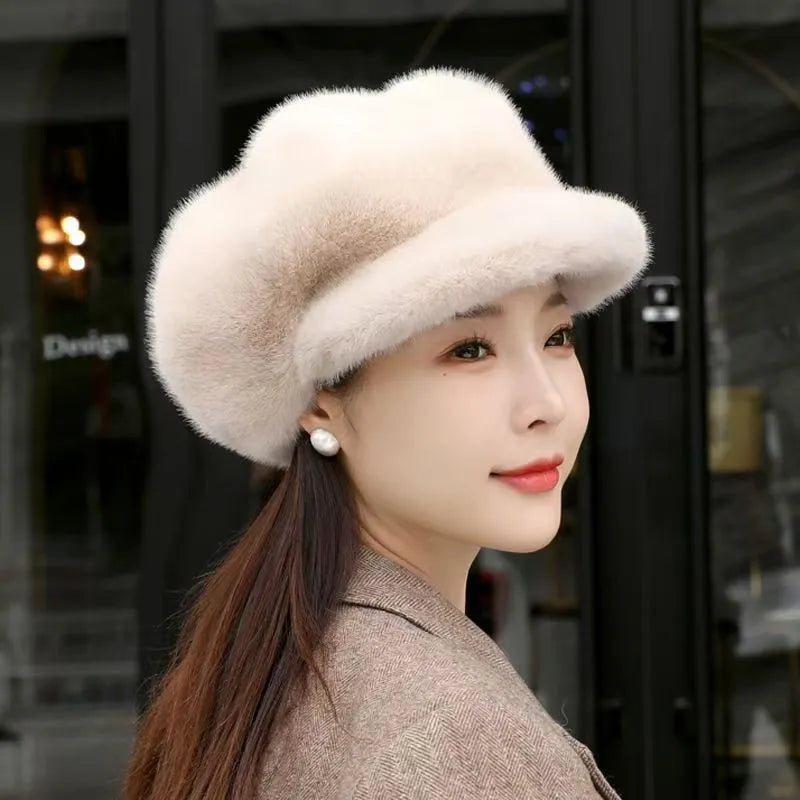 Women's knit pumpkin hat dome style fake mink one size 54-58cm colour black