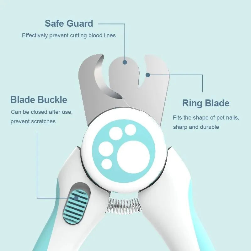 Blue and white pet nail clippers with safety stop for dogs and cats