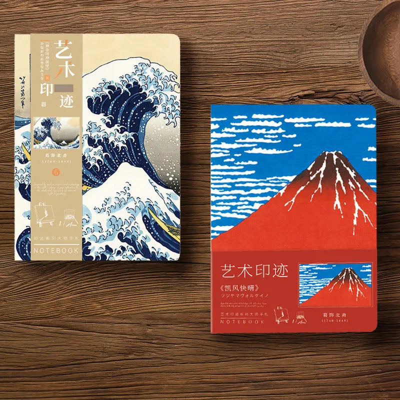 Ukiyo-e series hand ledger notebook with Kanagawa wave cover, showing dimensions and open page.