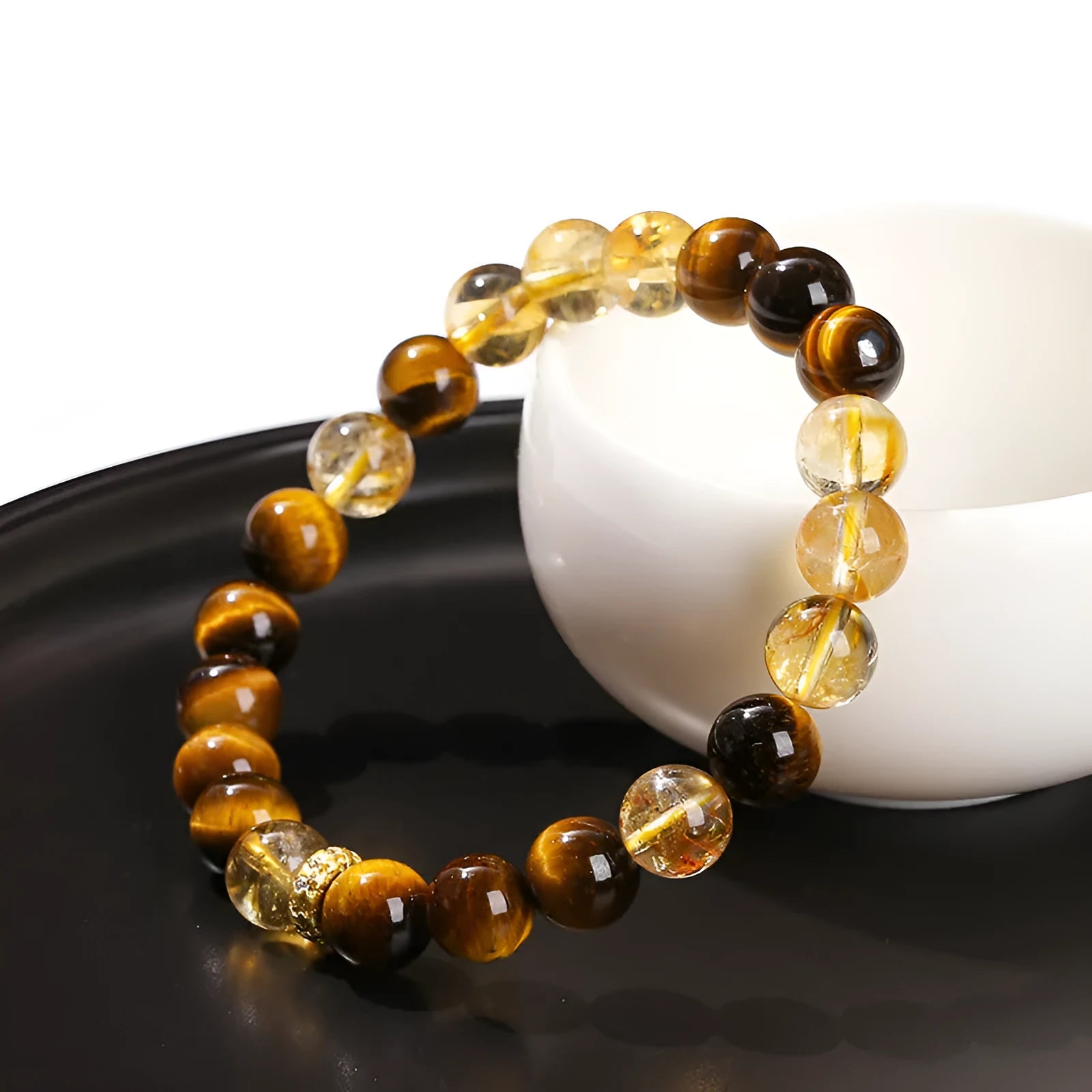 Natural yellow tiger stone crystal bracelet with 8mm beads and geometric design