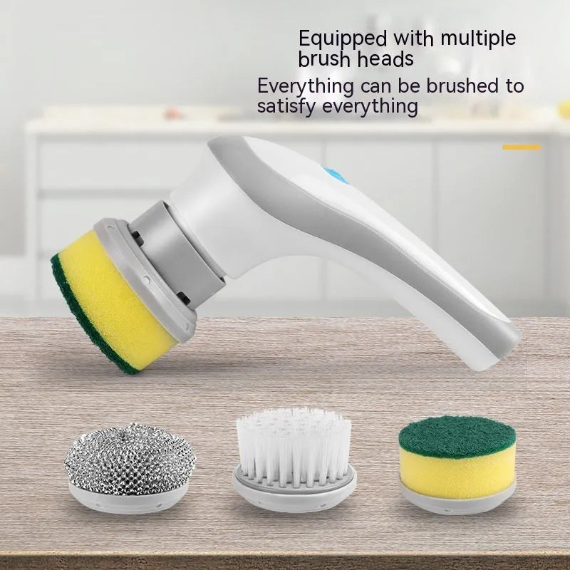 Cordless electric cleaning brush with multiple brush heads in white gray or purple options