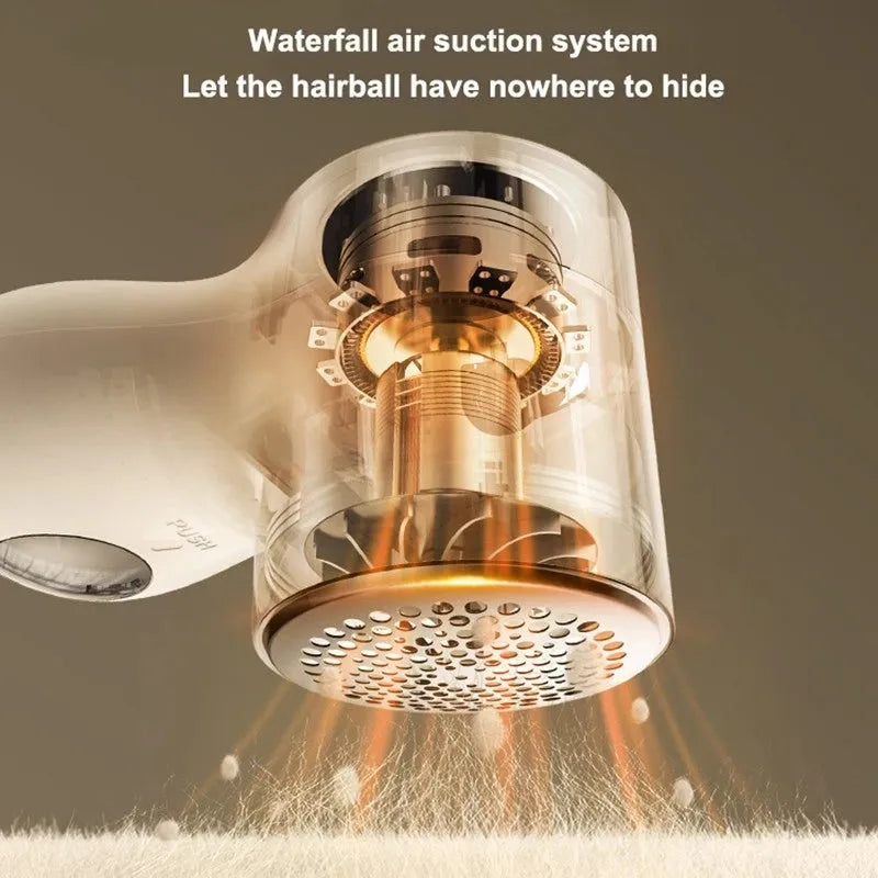 White electric lint remover with LED display showing fabric shaver dimensions