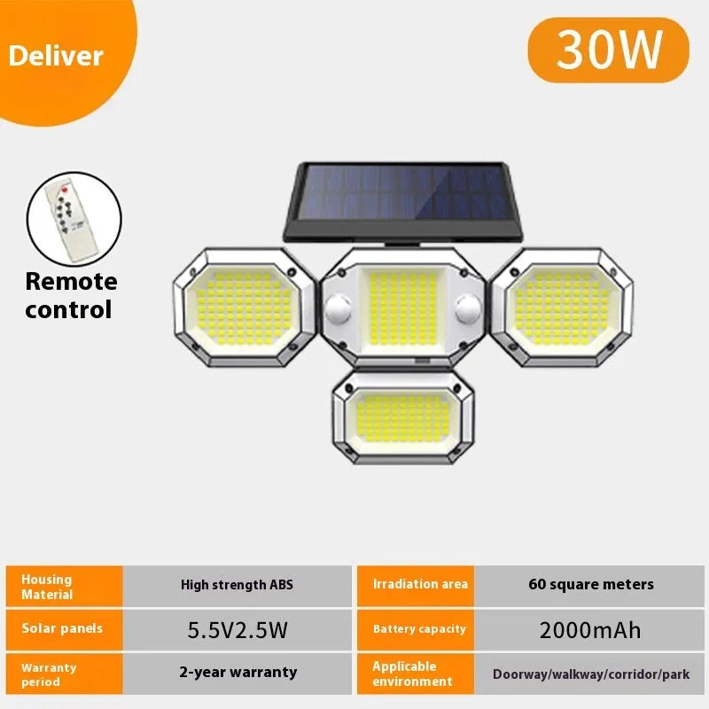 A solar-powered outdoor wall lamp with a motion sensor and a wide-angle LED light panel.