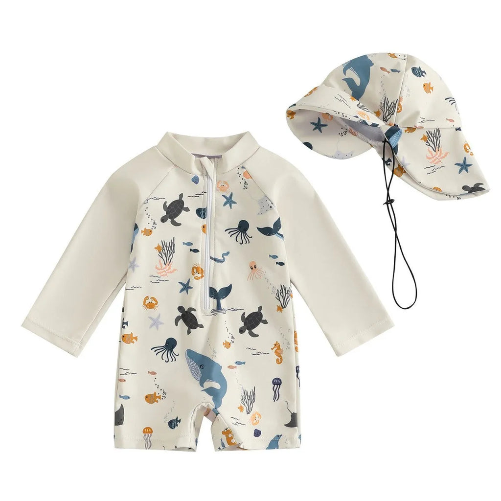 Boys one-piece long sleeves swimsuit in light blue with matching hat, cartoon pattern, sizes 70 to 120 cm