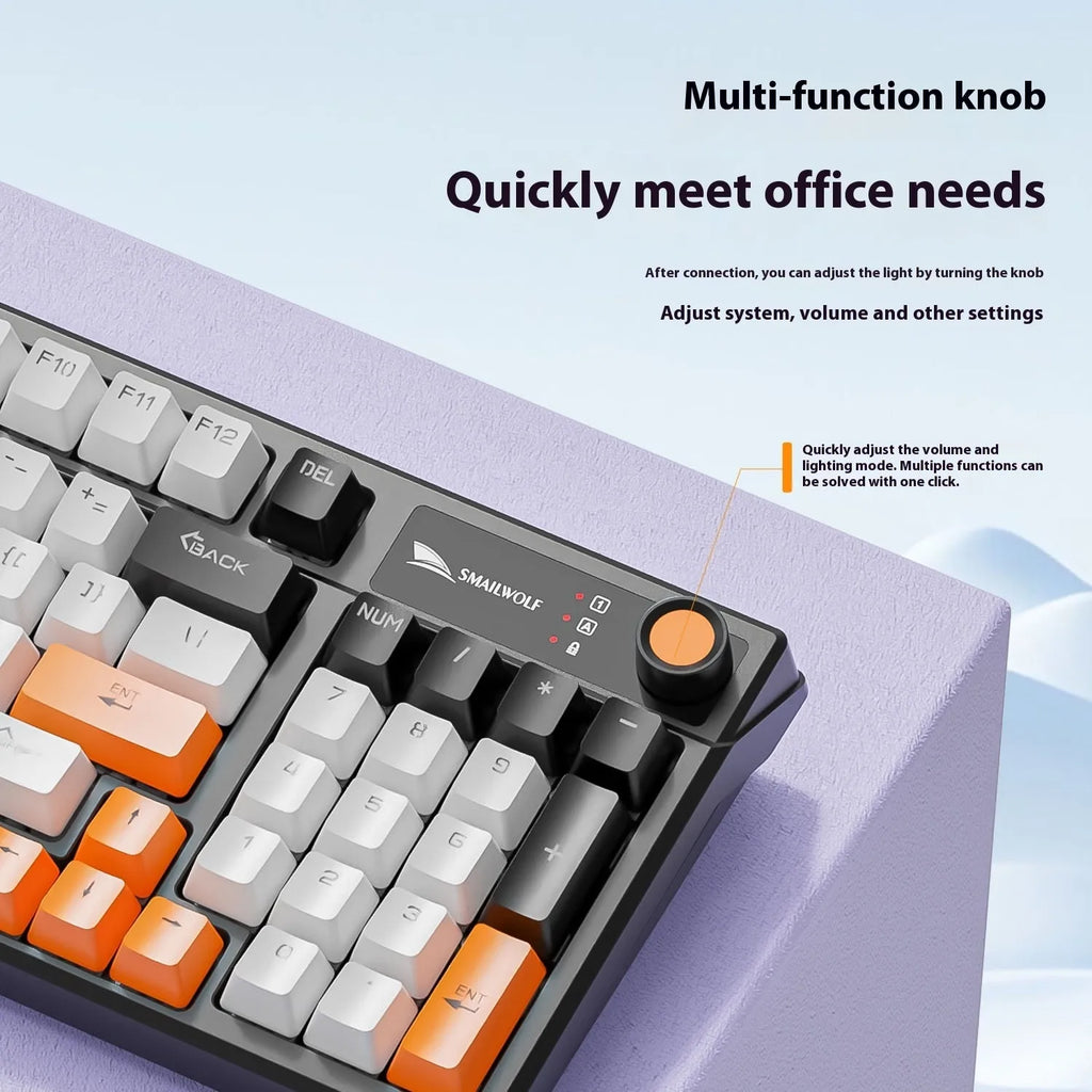 SK15 wired mechanical gaming keyboard with control knob in Black, Sunset Orange, or Autumn Water Blue colour.