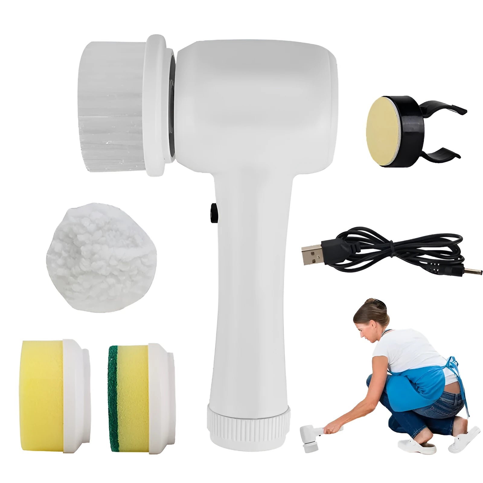 Cordless electric cleaning brush with multiple brush heads in white gray or purple options