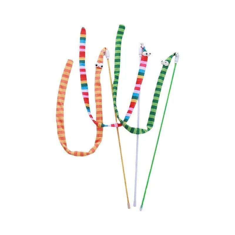 Cat wand toy with polycarbonate wand and long plush strip in vibrant colours for interactive play
