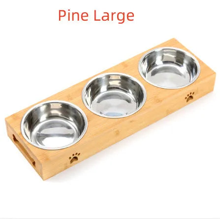 Solid wood pet dining table with stainless steel bowls in bamboo colour for elevated pet feeding