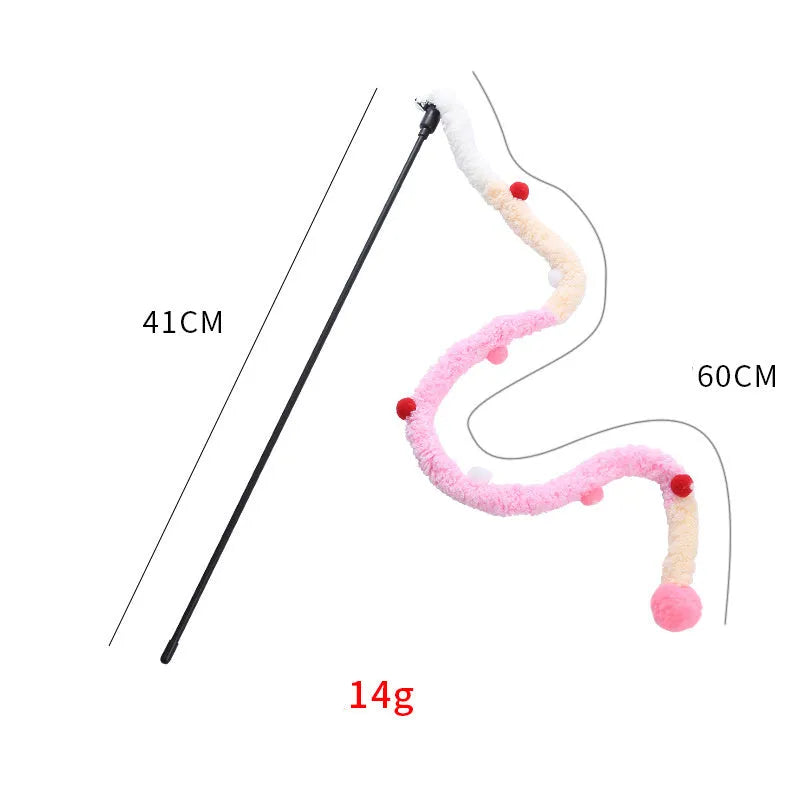 Cat teaser wand with long plush strip and colourful elements for interactive play