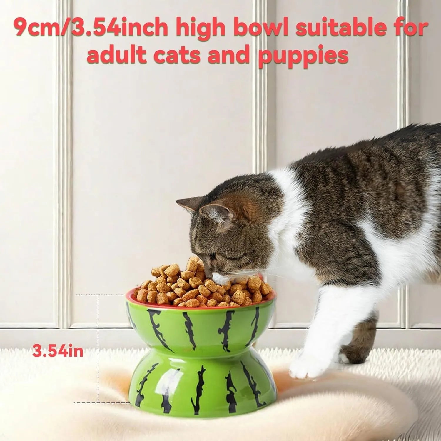Ceramic raised cat bowl with tilted design in fruit pattern, elevated feeding dish for cats and small dogs