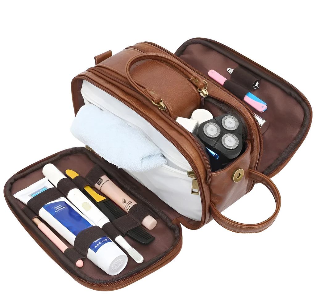 Black men's PU toiletry bag with zipper open, showing interior.
