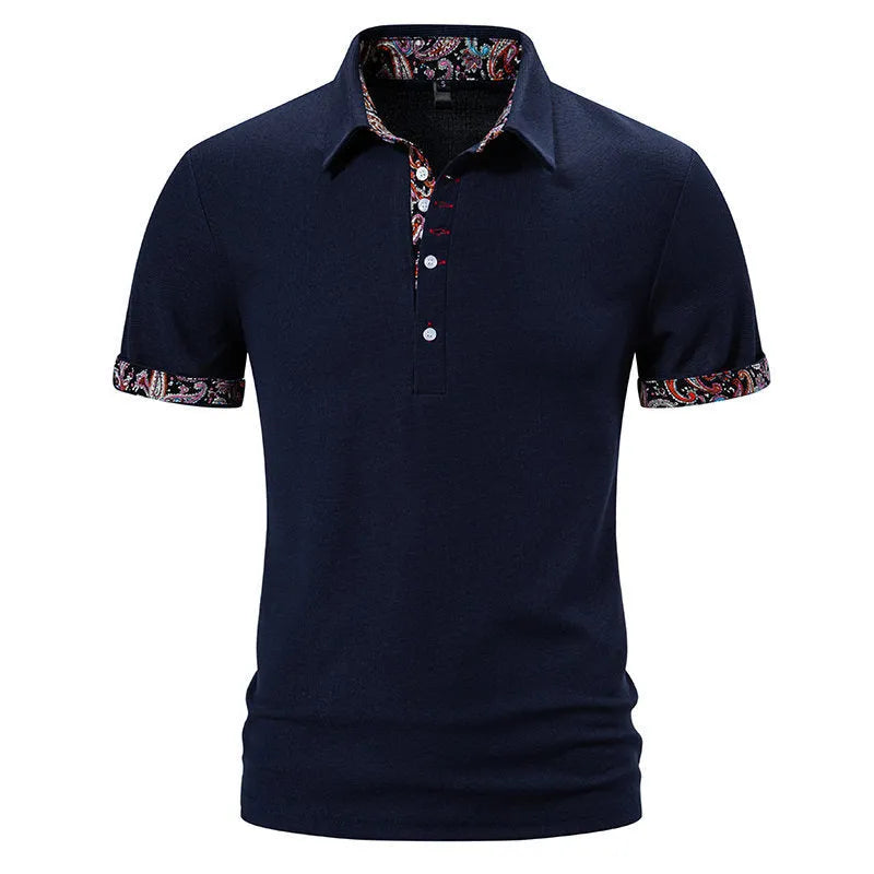 Men's plain colour cotton blend polo shirt with turnover collar and short sleeves.