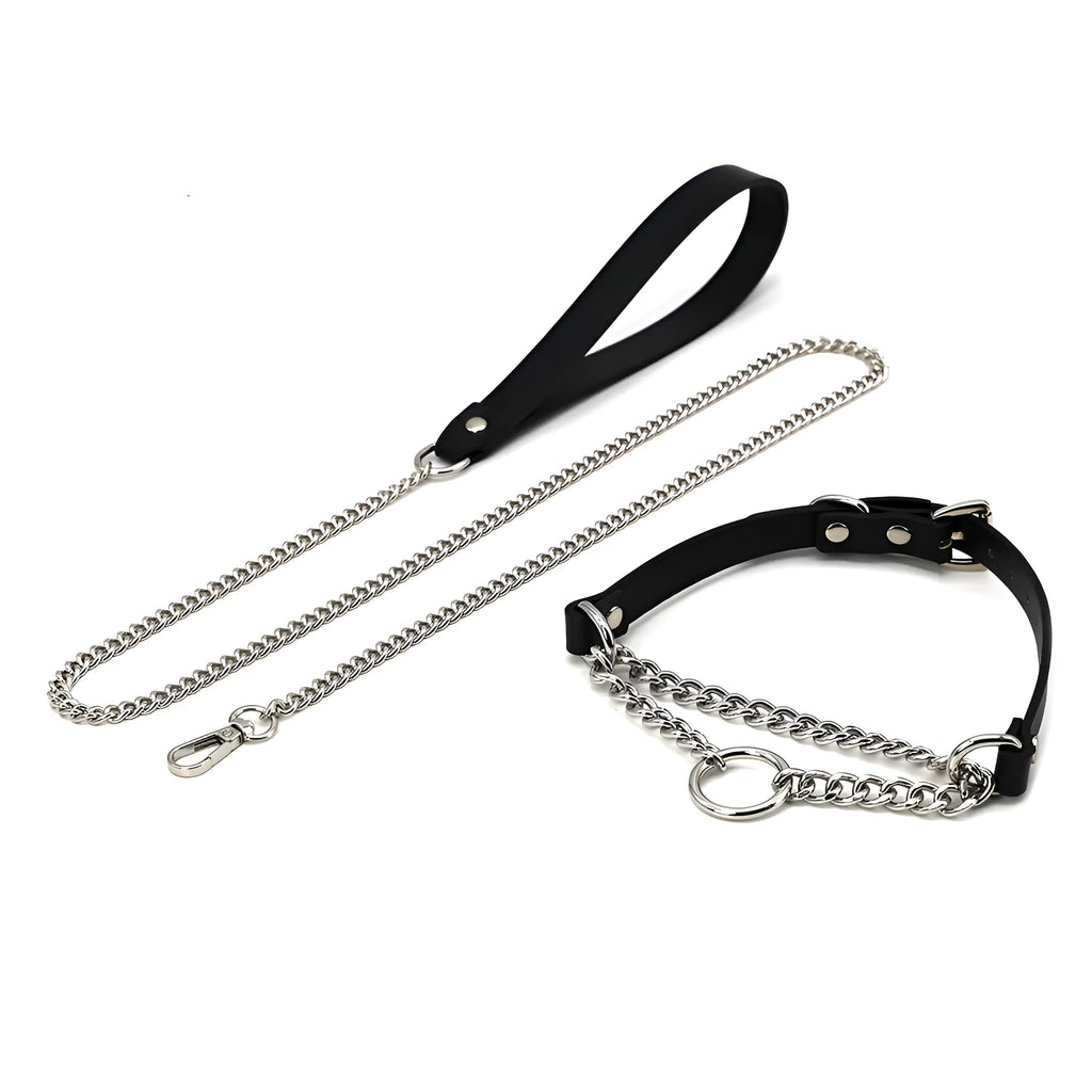 Black leather dog collar with chain tightening mechanism and matching leash