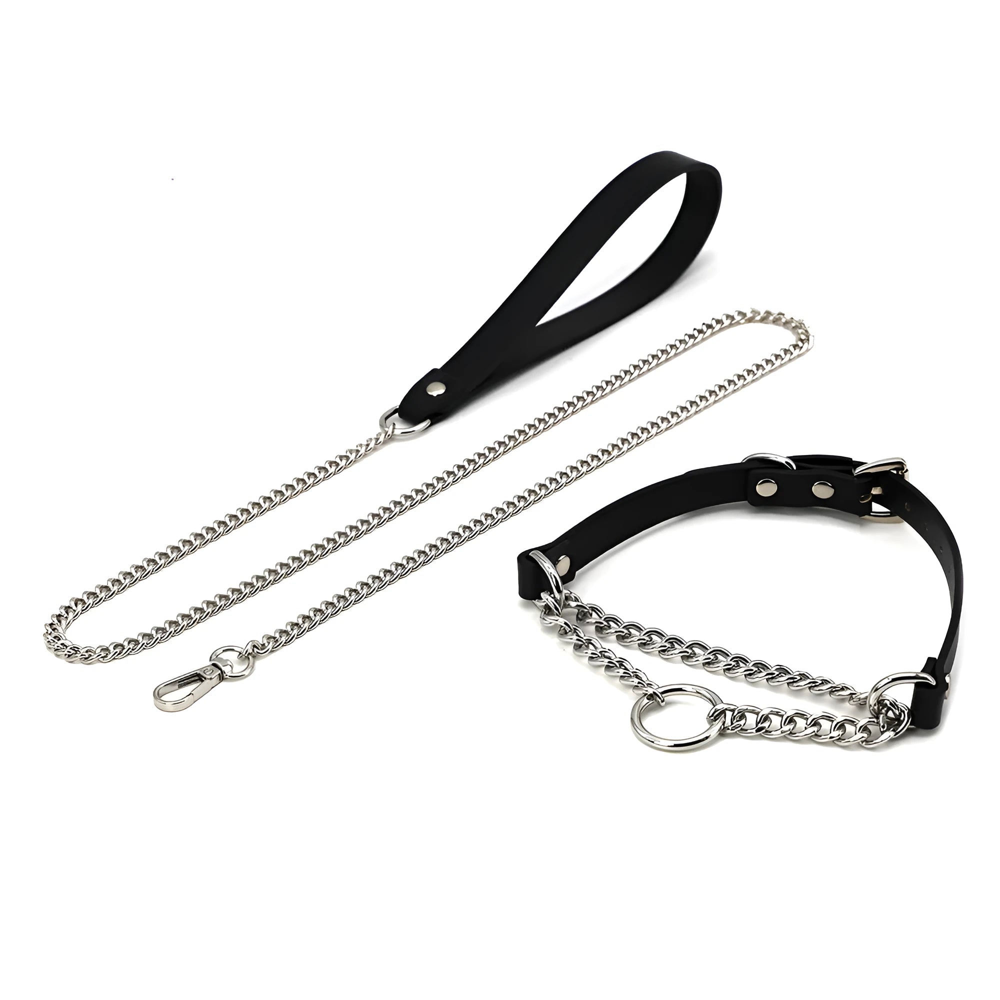 Black leather dog collar with chain tightening mechanism and matching leash