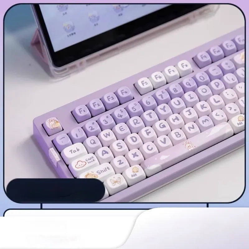 Set of purple gradient key caps for mechanical keyboard with white rabbit anime character design.