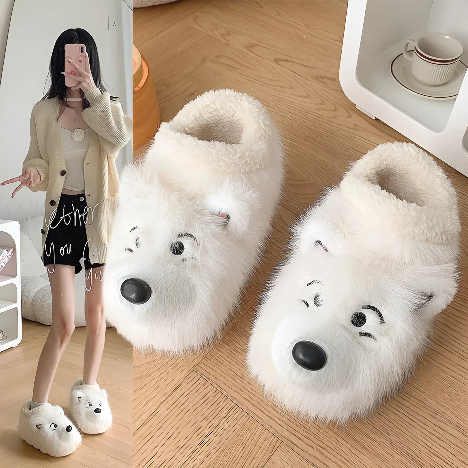 Grey and white ankle wrap cotton slippers with plush upper and artificial wool lining for home wear