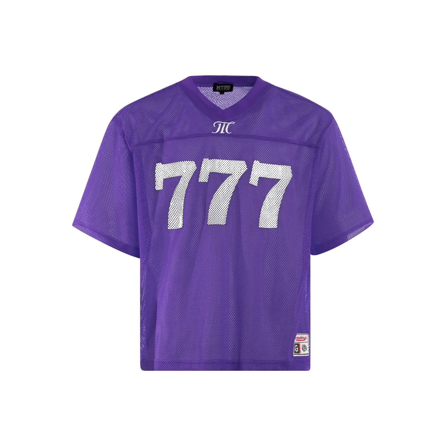 Retro loose fit short sleeve t-shirt in purple on a hanger.