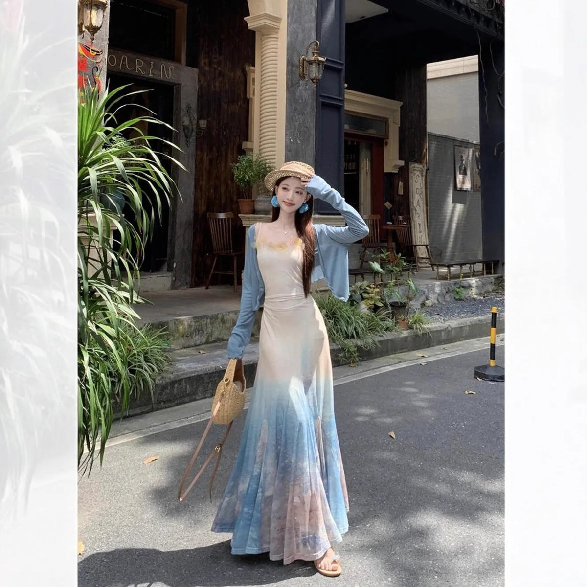 High waist fishtail midi dress with sleeveless cut, princess sleeves, and suspender dress styling in spandex, sizes S M L.