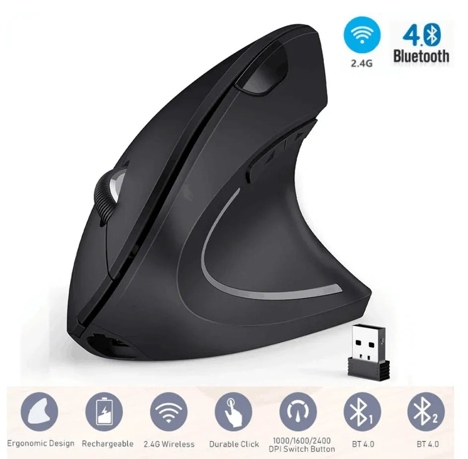 Black vertical Bluetooth mouse with RGB lighting, USB receiver, and charging cable on desk