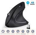 Black vertical Bluetooth mouse with RGB lighting, USB receiver, and charging cable on desk