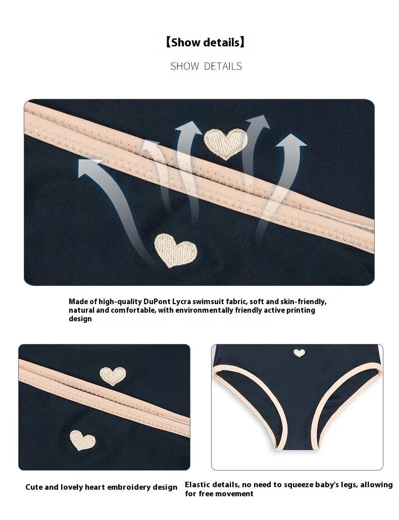 Dark blue baby split swimsuit one-piece for toddler girls, briefs style.