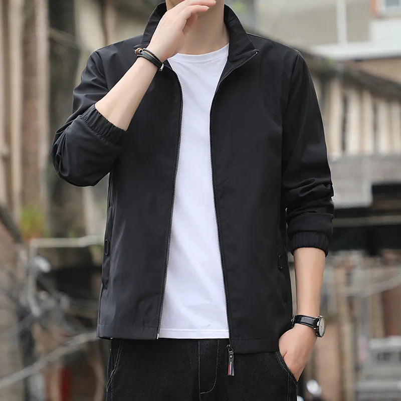 Men's Korean style loose fit autumn jacket with lapel collar and zip pockets in multiple colour options