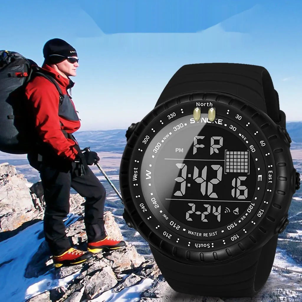 Black men's waterproof outdoor watch with a large round dial and a long PU strap.