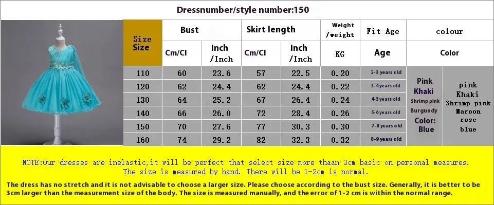 Baby girl dress in satin polyester cotton blend with height sizing 110-160cm