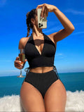 Women's black halter neck bikini set with lace-up detail on the top