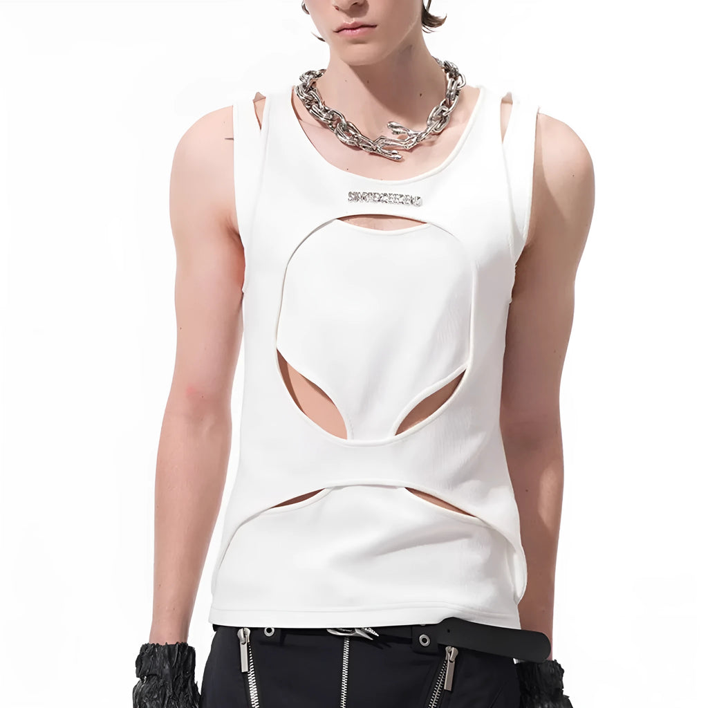 Man wearing a loose-fit black sleeveless hollow thread waistcoat vest.
