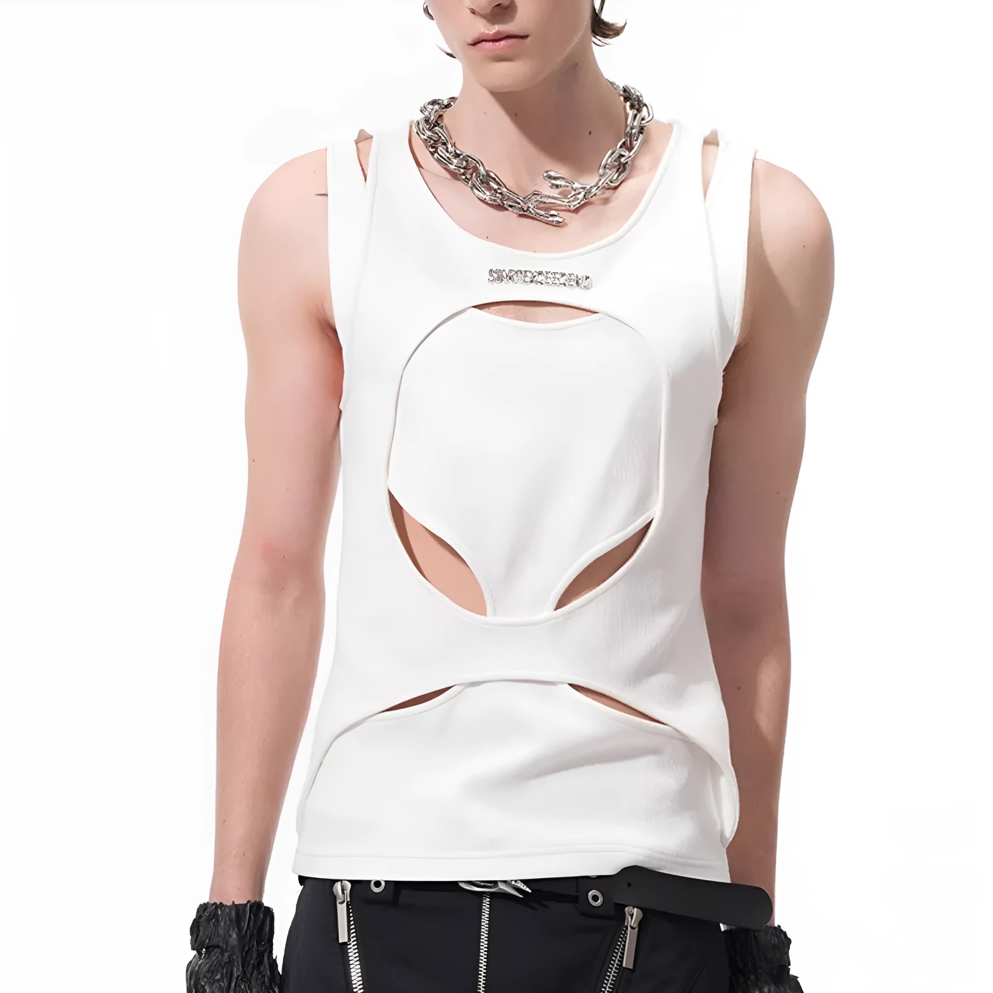 Man wearing a loose-fit black sleeveless hollow thread waistcoat vest.