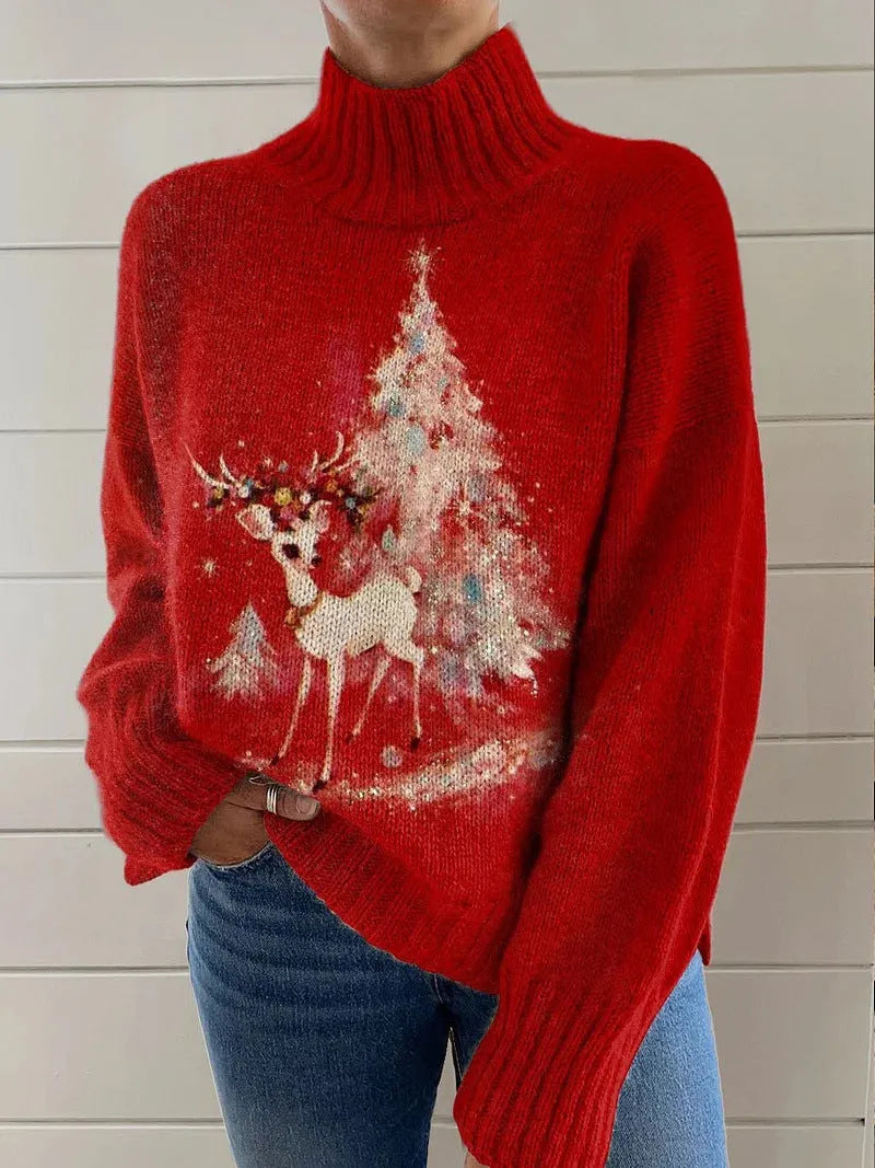 Women's loose-fit Christmas printed turtleneck sweater in a macaron colour with a festive painting design.
