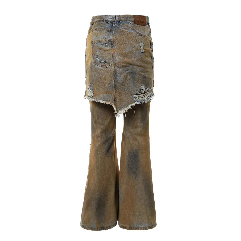 Loose hole bootcut denim pants with high waist and button fly in straight-leg style