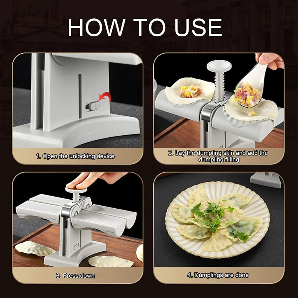 White double-head manual dumpling maker mould made from stainless steel and plastic with an anti-slip base.