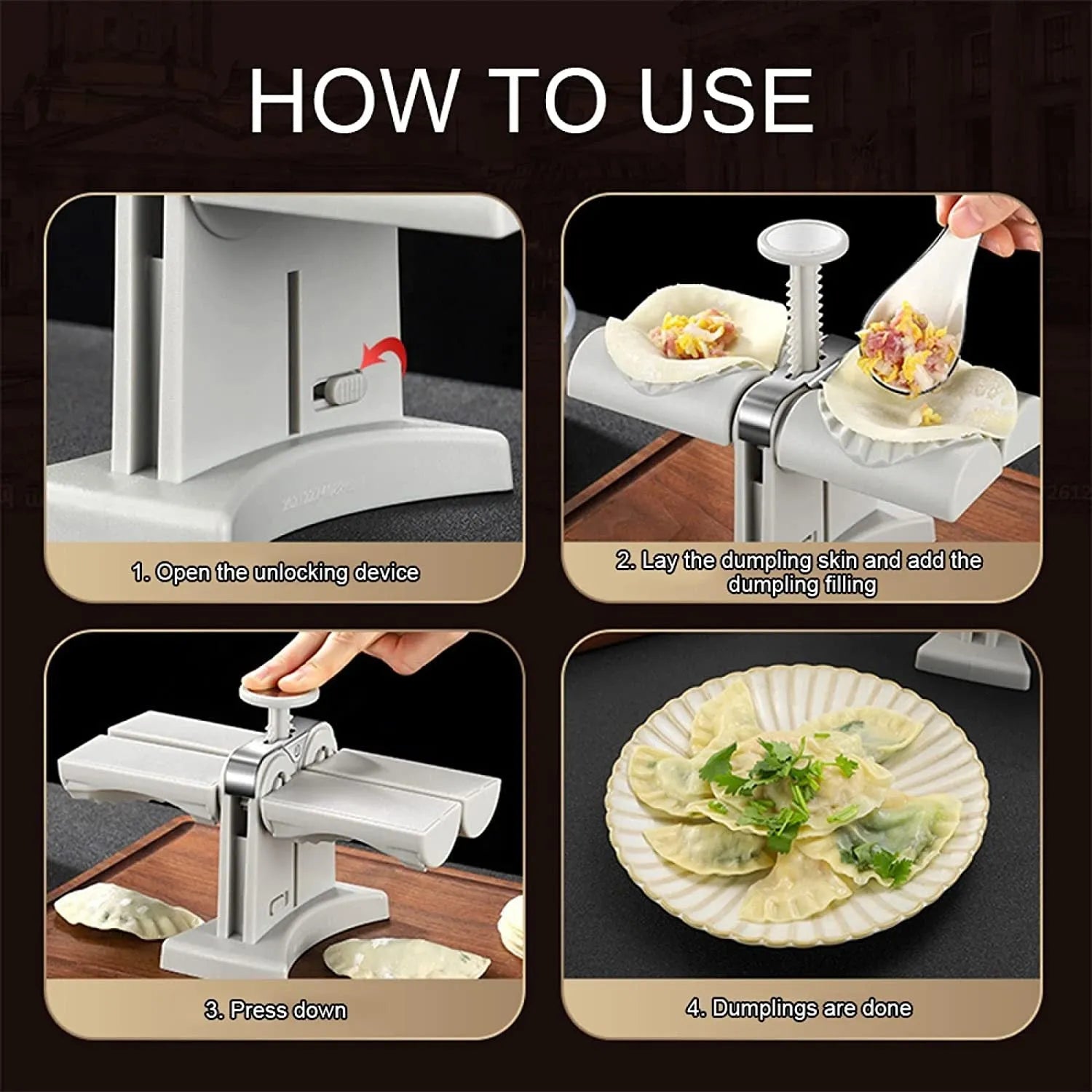 White double-head manual dumpling maker mould made from stainless steel and plastic with an anti-slip base.
