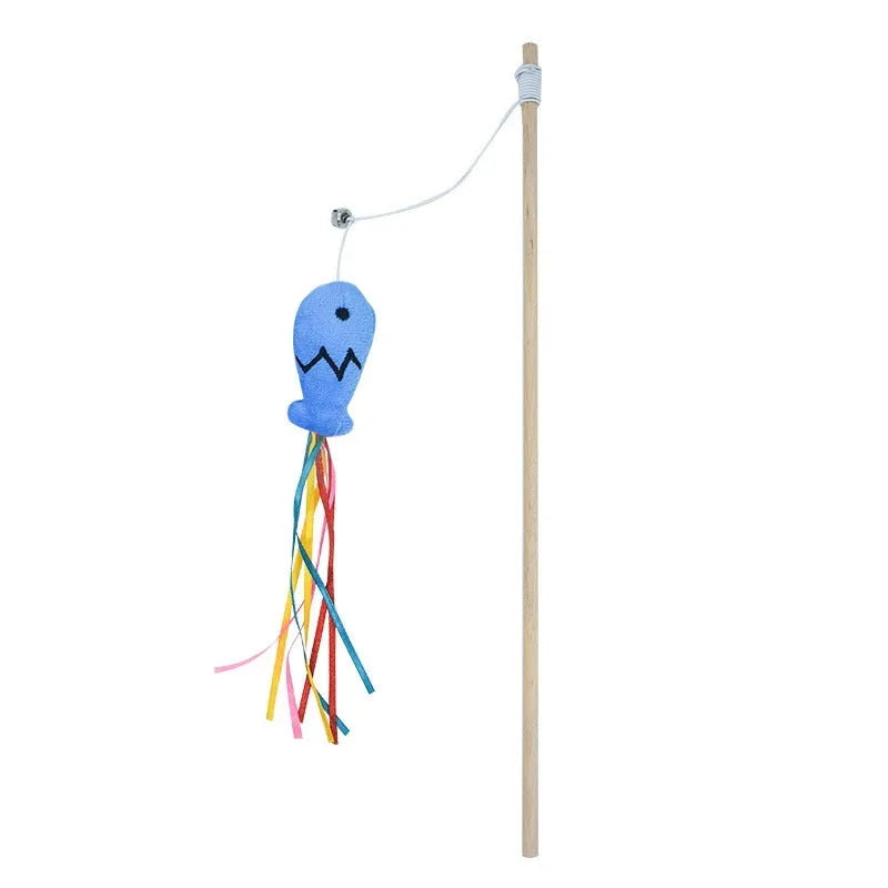 Cat wand toy with wooden handle, elastic rope, catnip fish, colourful ribbons, and bell