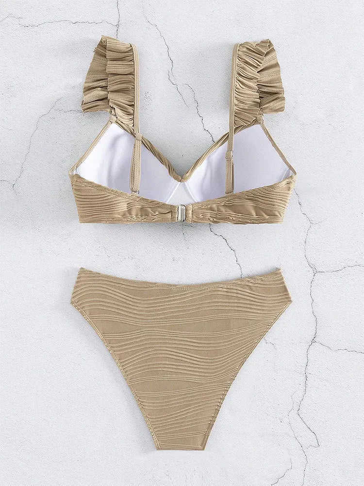 Women's solid colour bikini swimsuit in black or khaki on a mannequin.