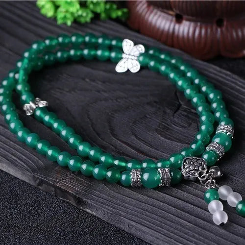 Green agate multi-layer women's bracelet with three circles of 6mm beads