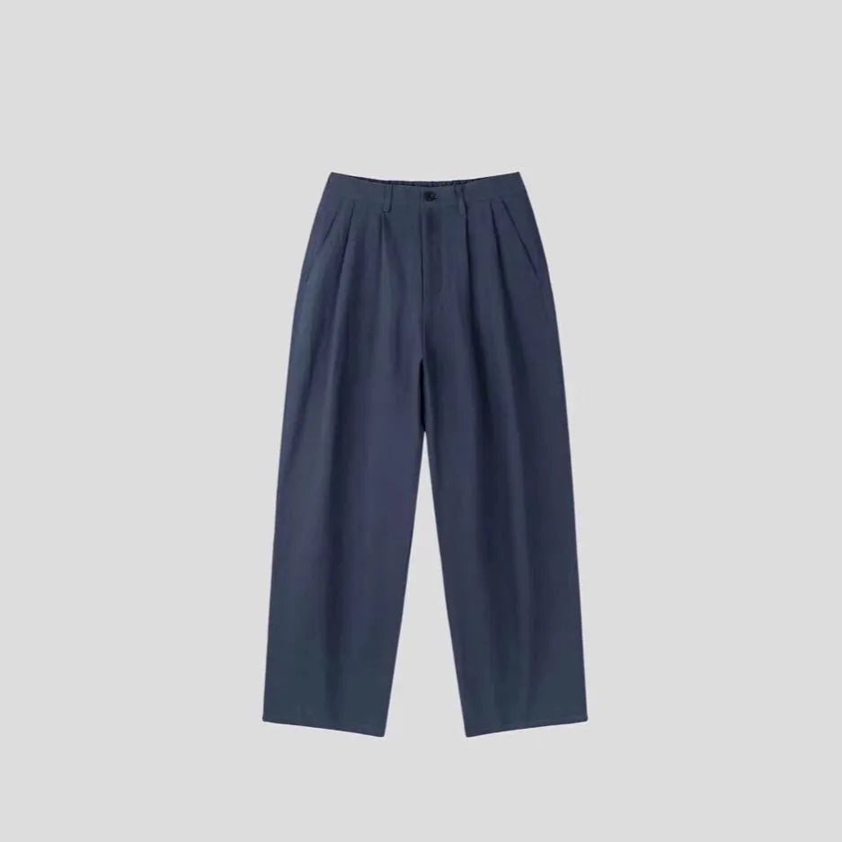 Men's Korean style cotton linen trousers in apricot, army green, and purplish blue colours